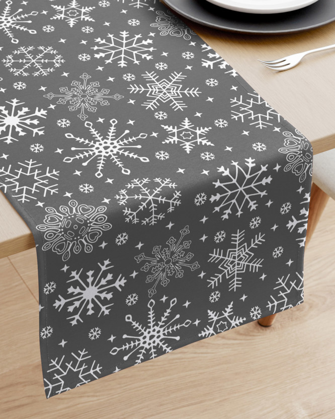 Vánoční běhoun na stůl 100% bavlna - sněhové vločky na šedém