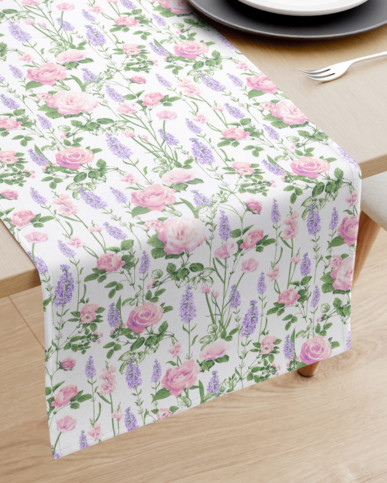 Běhoun na stůl 100% bavlněné plátno - šípkové růže s levandulemi