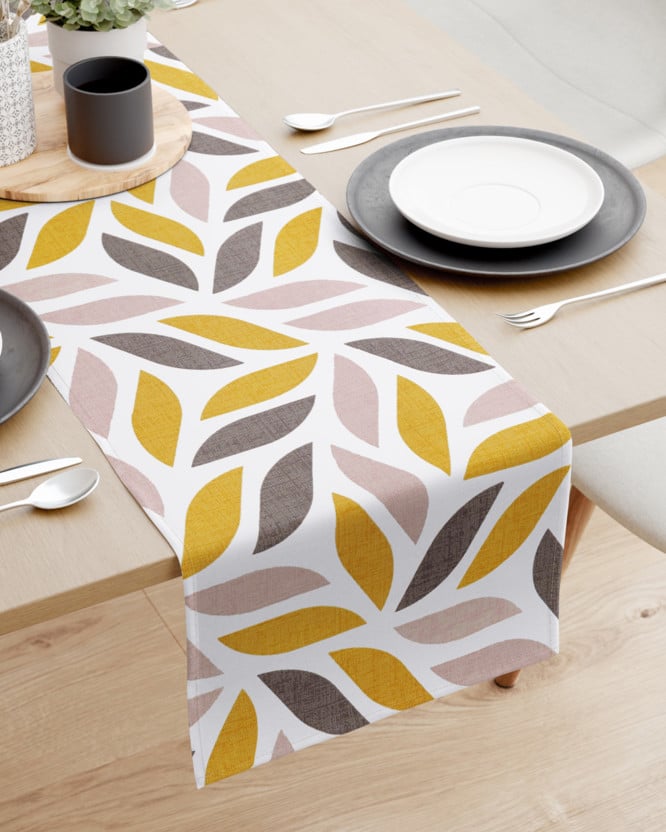 Běhoun na stůl 100% bavlněné plátno - zlaté a hnědé geometrické listy