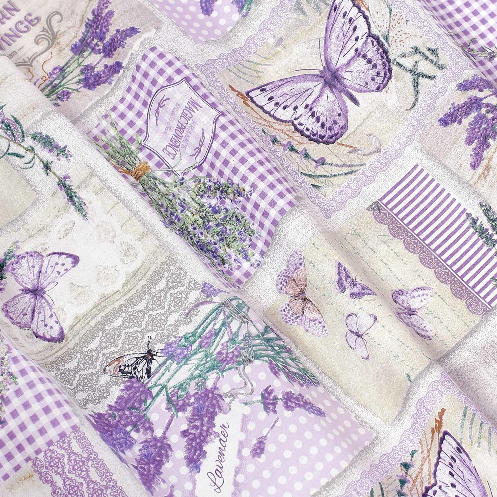 Kulatý ubrus 100% bavlněné plátno - patchwork levandulí s motýly
