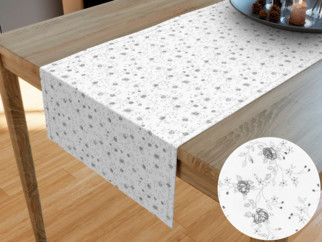 Bavlněný běhoun na stůl - vzor šedé růžičky na bílém