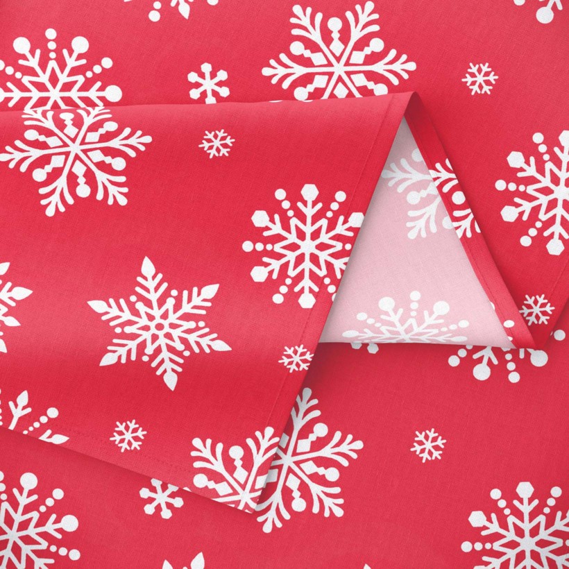 Vánoční hranatý ubrus 100% bavlněné plátno - vločky na zářivě červeném