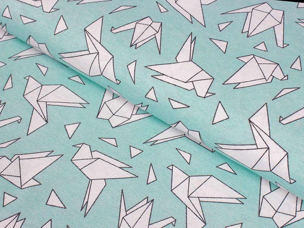 Dekorační látka Loneta - origami na tyrkysovém