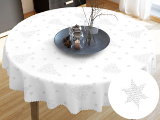 Teflonový ubrus - vzor stříbrné vánoční stromečky a hvězdičky - KULATÝ
