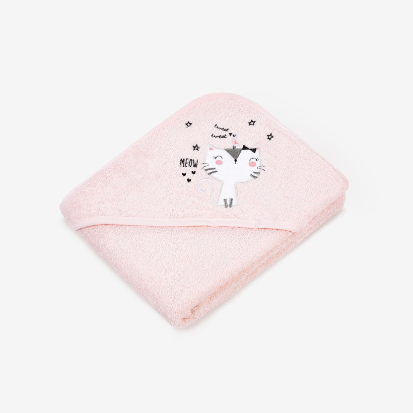 Dětská froté osuška s kapucí Lili 100x100 cm růžová - kočka