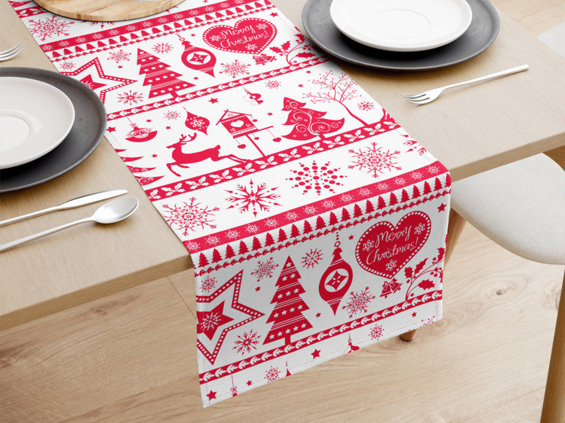 Vánoční běhoun na stůl 100% bavlněné plátno - červené vánoční symboly na bílém
