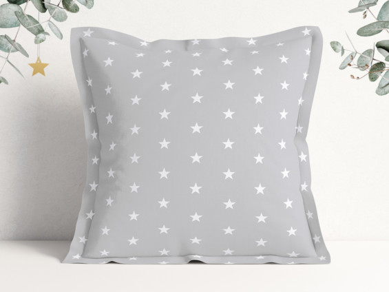 Vánoční bavlněný povlak na polštář s ozdobným lemem - bílé hvězdičky na světle šedém
