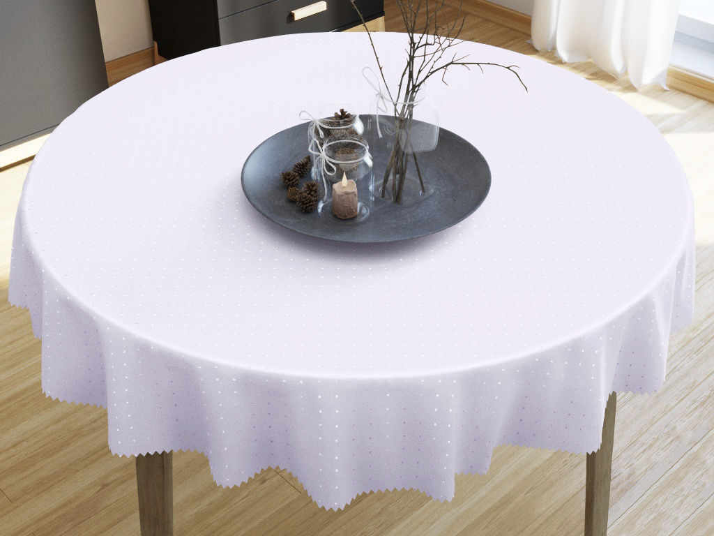 Sváteční kulatý teflonový ubrus - bílý s fialovým nádechem s lesklými čtverečky