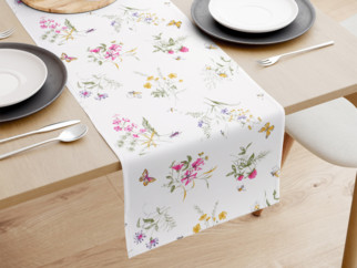 Bavlněný běhoun na stůl - vzor barevné luční květiny na bílém