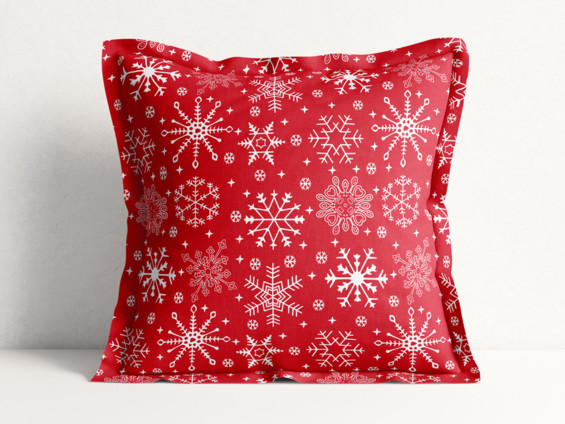 Bavlněný povlak na polštář s ozdobným lemem - vzor sněhové vločky na červeném