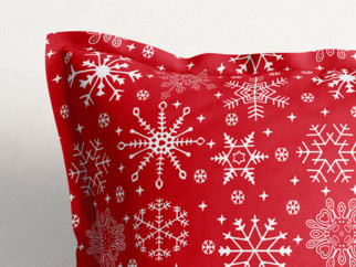 Vánoční bavlněný povlak na polštář s ozdobným lemem - vzor sněhové vločky na červeném