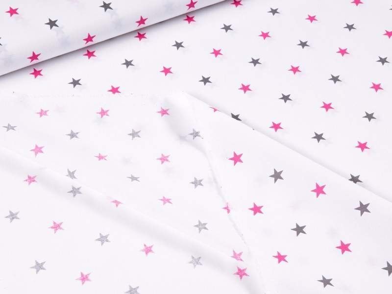 Bavlněné plátno - šedé a růžové hvězdičky na bílém