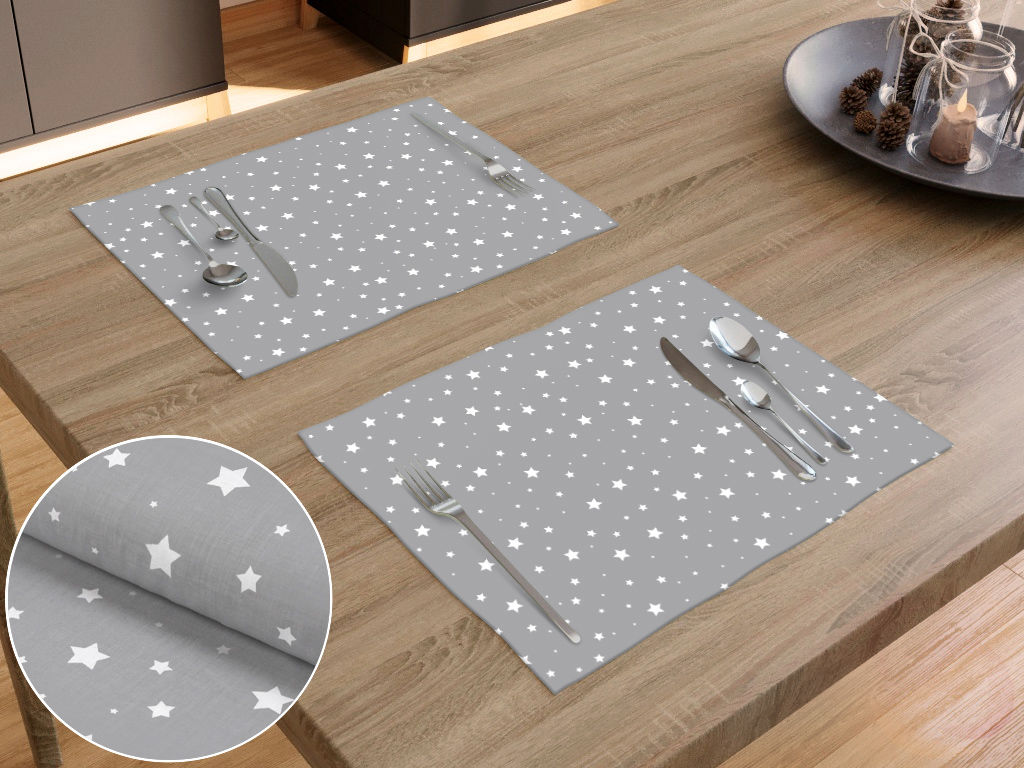 Prostírání na stůl 100% bavlněné plátno - drobné bílé hvězdičky na šedém - sada 2ks
