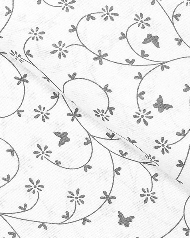 Bavlněné plátno - šedé kytičky a motýlci na bílém