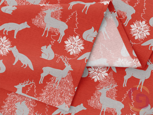 Vánoční závěs na míru LONETA - vzor vánoční zvířátka na červeném