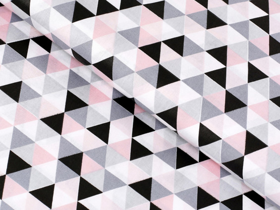 Bavlněné plátno SIMONA - vzor 972 růžové a šedé trojúhelníky - metráž š. 160cm
