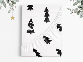 Vánoční bavlněné napínací prostěradlo - černé stromečky na bílém