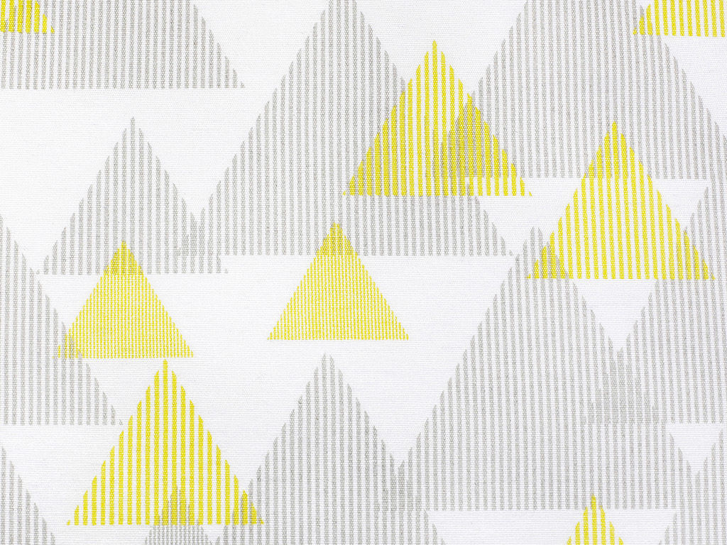 Dekorační látka Loneta - šedé a žluté proužkované trojúhelníky
