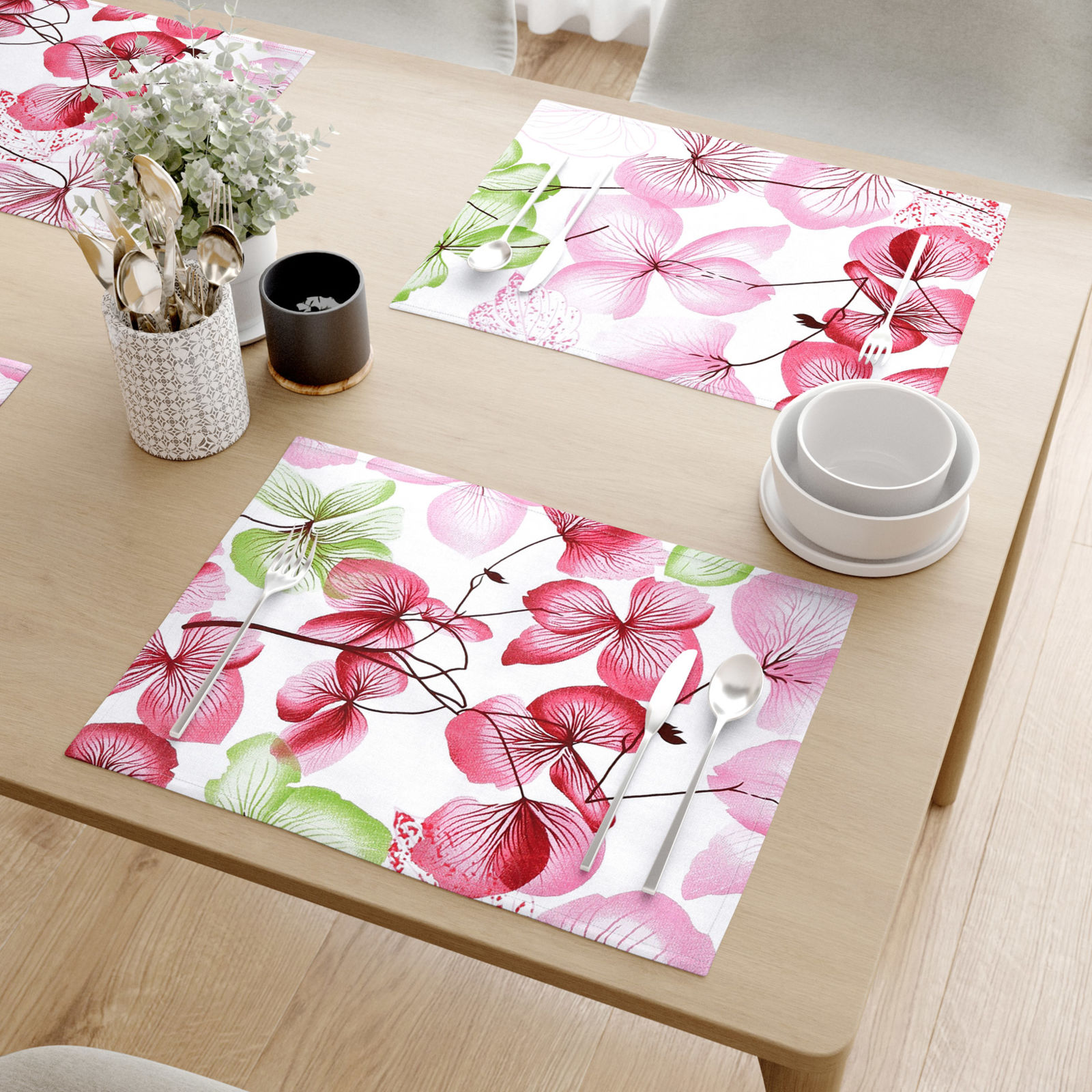 Prostírání na stůl 100% bavlněné plátno - růžovo-zelené květy s listy - sada 2ks