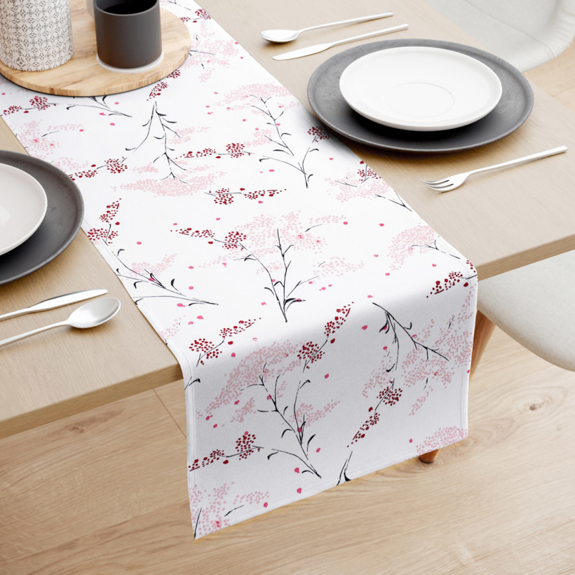 Běhoun na stůl 100% bavlněné plátno - japonské květy na bílém