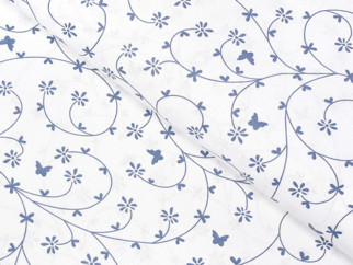 Bavlněné plátno SIMONA - vzor 780 modrošedé kytičky a motýlci na bílém - metráž š. 145 cm