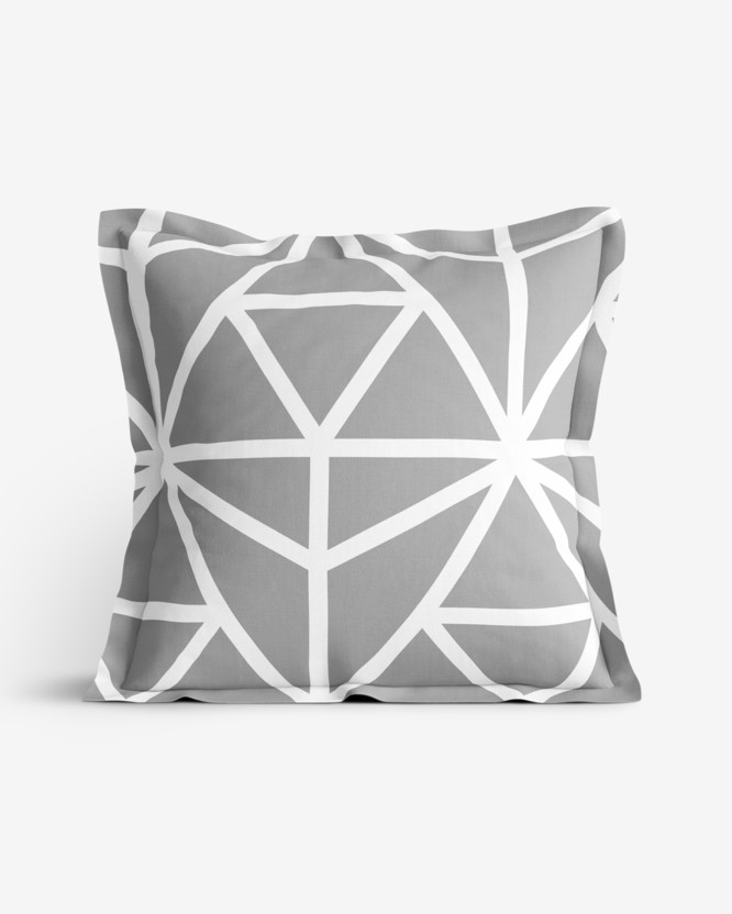 Bavlněný povlak na polštář s ozdobným lemem - bílé geometrické tvary na šedém