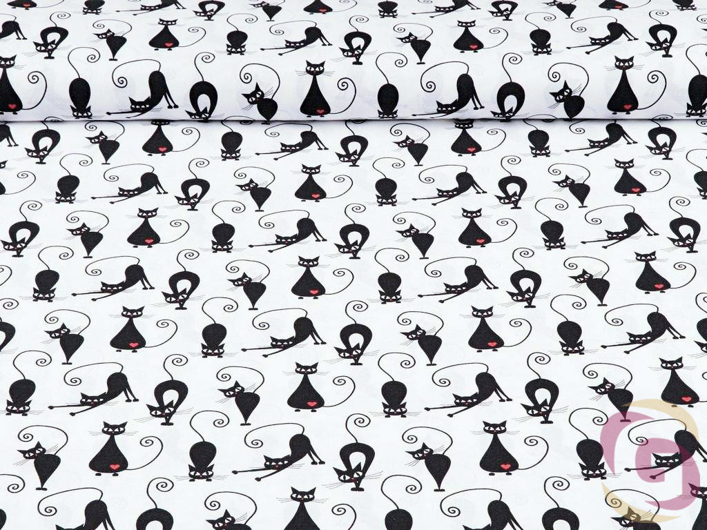 Bavlněné plátno SIMONA - vzor černé kočky na bílém