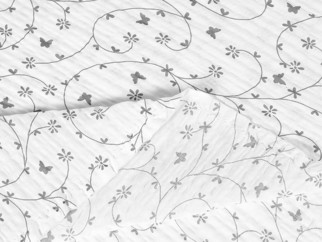Bavlněný krep - vzor 777 šedé kytičky a motýlci na bílém - metráž š. 145 cm