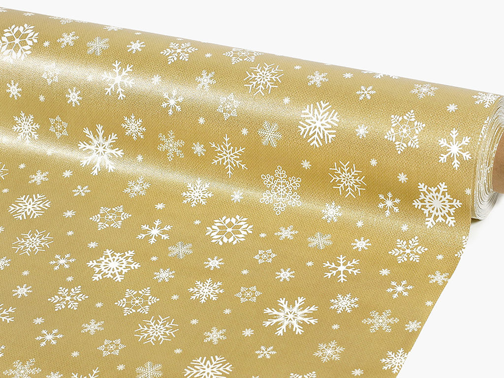PVC ubrusovina s textilním podkladem - sněhové vločky na zlatém