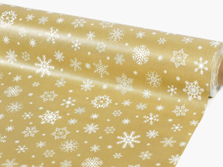 PVC ubrusovina s textilním podkladem - vánoční vzor sněhových vloček na zlatém - metráž š. 140 cm