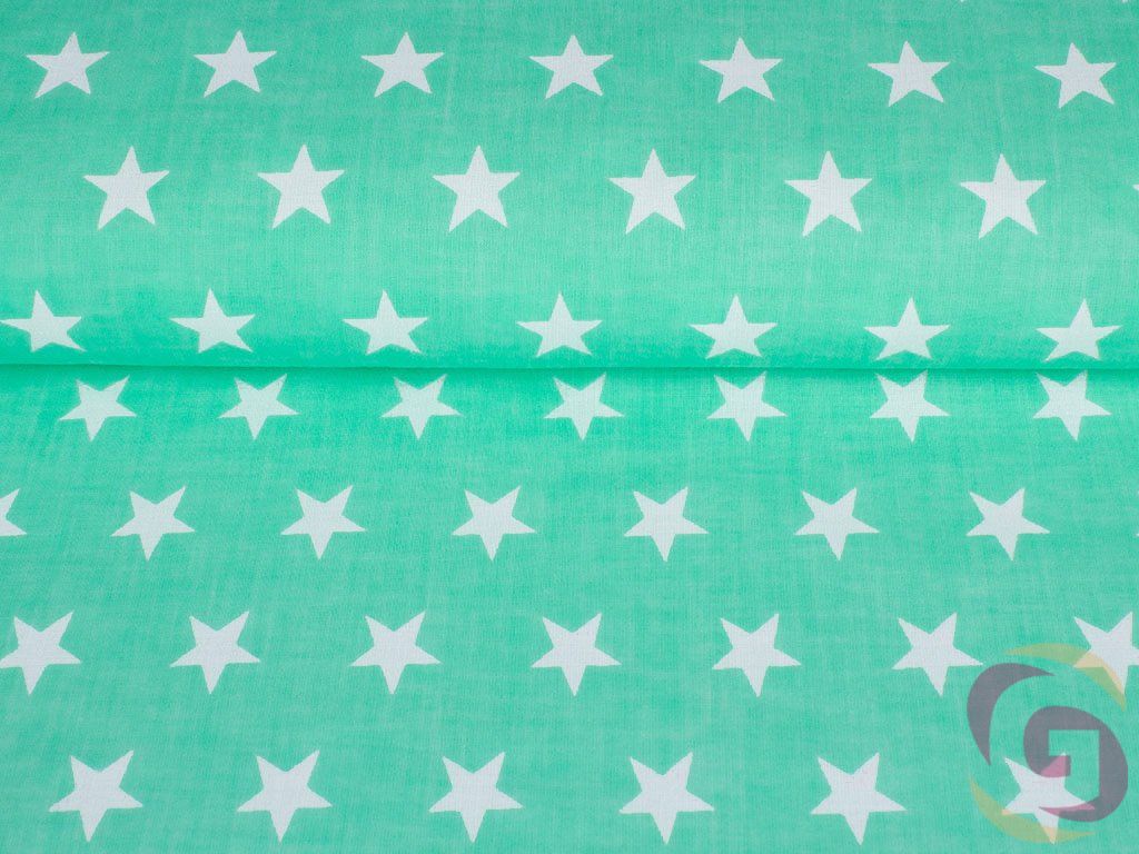 Bavlněné plátno SIMONA - vzor 629 bílé hvězdičky na mentolovém