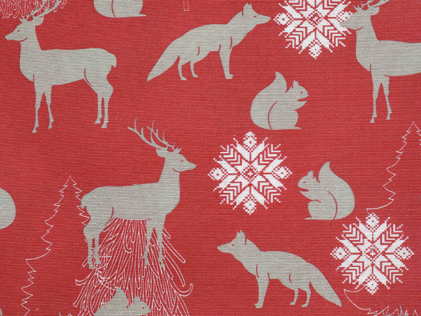 Vánoční dekorační látka Loneta - vánoční zvířátka na červeném