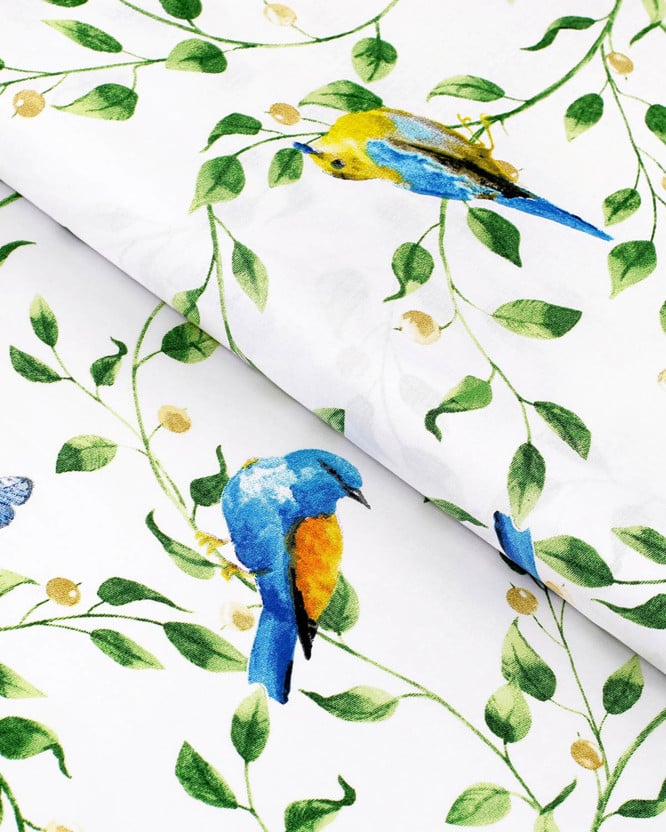 Bavlněné plátno Simona - barevní ptáčci v zahradě
