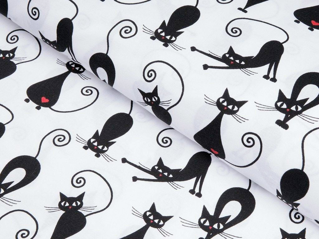 Bavlněné plátno - černé kočky na bílém