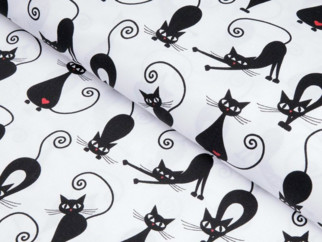 Bavlněné plátno SIMONA - vzor černé kočky na bílém - metráž š. 160cm