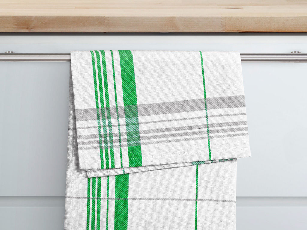 Kuchyňská bavlněná utěrka pestře tkaná - zeleno-šedé proužky na bílém