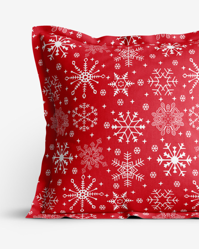 Bavlněný povlak na polštář s ozdobným lemem - sněhové vločky na červeném