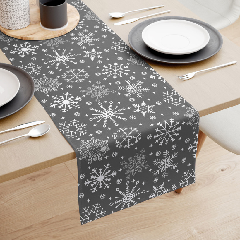 Vánoční běhoun na stůl 100% bavlna - sněhové vločky na šedém