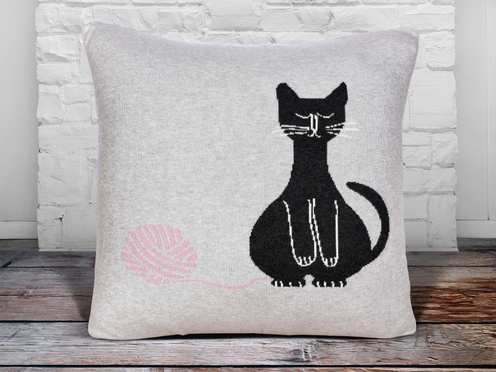 Luxusní pletený povlak na polštář - 45x45 cm - černá kočka