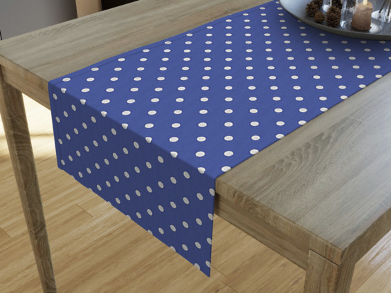 Dekorační běhoun na stůl LONETA - vzor bílé puntíky na tmavě modrém