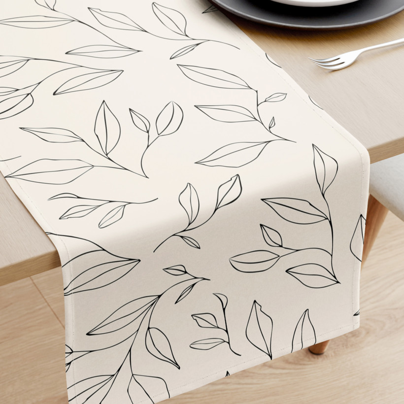 Běhoun na stůl 100% bavlněné plátno - listy na přírodním