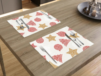 Vánoční prostírání na stůl VERONA - vzor červené a zlaté vánoční symboly na bílém - sada 2ks
