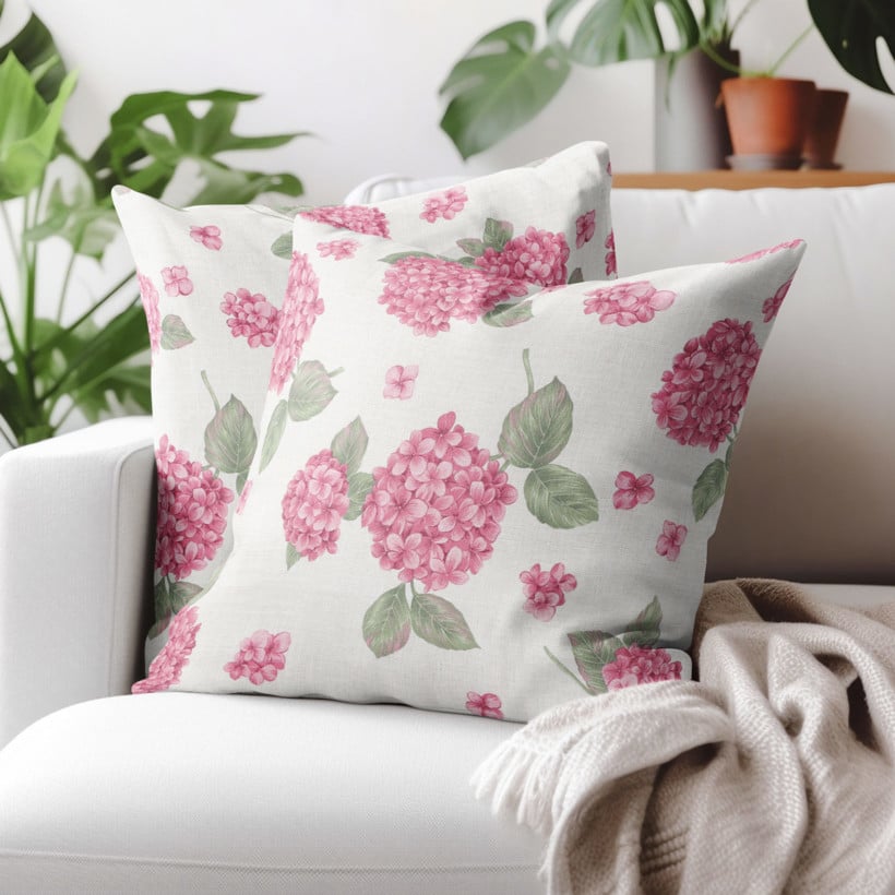 Dekorační povlak na polštář Loneta - růžové květy hortenzie
