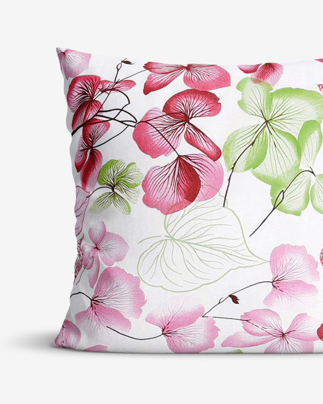 Bavlněný povlak na polštář - růžovo-zelené květy s listy
