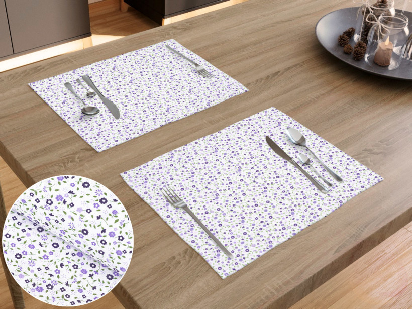 Prostírání na stůl 100% bavlněné plátno - drobné fialové kvítí - sada 2ks