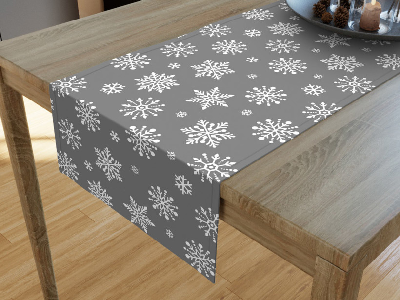 Vánoční běhoun na stůl 100% bavlněné plátno - vločky na šedém
