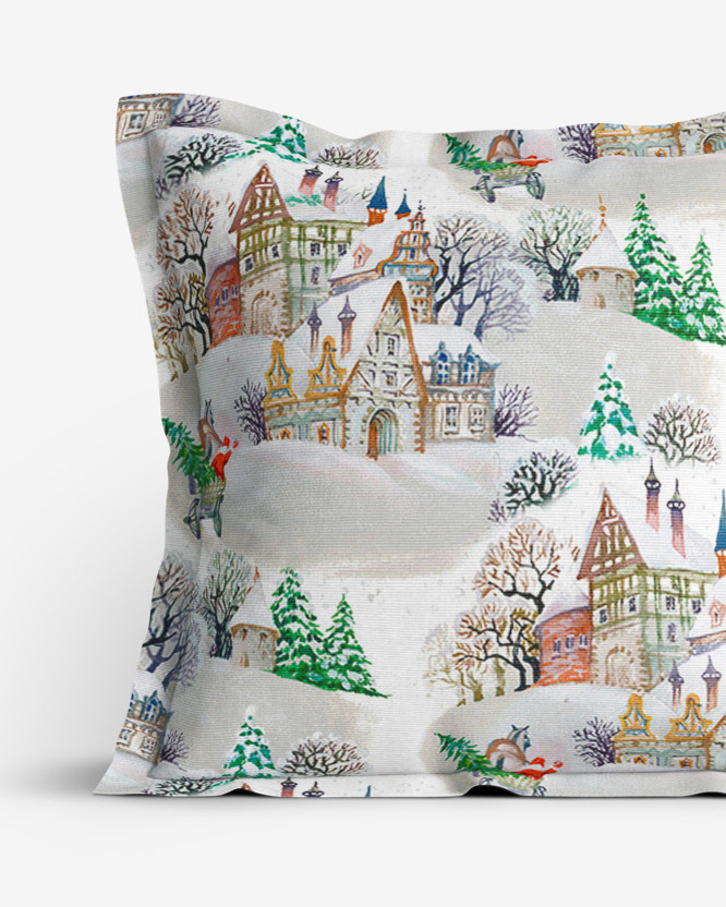 Vánoční povlak na polštář s ozdobným lemem Loneta - zasněžené městečko