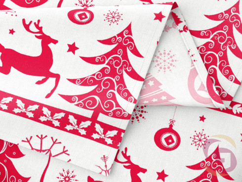 Vánoční bavlněný závěs na míru - vzor červené vánoční symboly na bílém