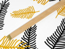 Bavlněný satén - vzor 1048 černé a zlaté palmové listy - metráž š. 240cm