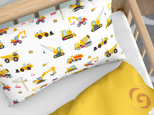 Dětské bavlněné povlečení do postýlky Duo - nákladní auta a bagry se žlutou